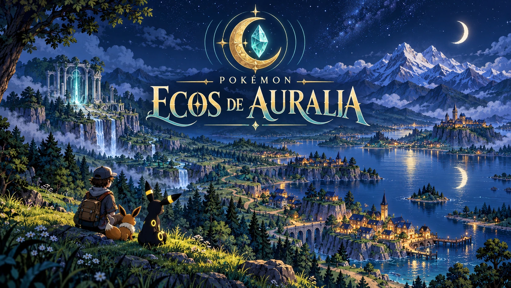 Ecos de Auralia: un entrenador con Eevee y Umbreon contempla una región nocturna bajo la luna.